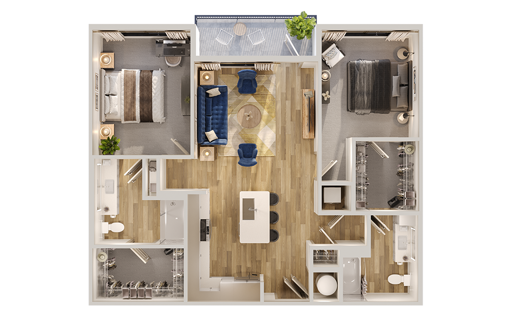 B1Alt - 2 bedroom floorplan layout with 2 bathrooms and 1100 square feet (3D) B1Alt - 2 bedroom floorplan layout with 2 bathrooms and 1100 square feet (3D)