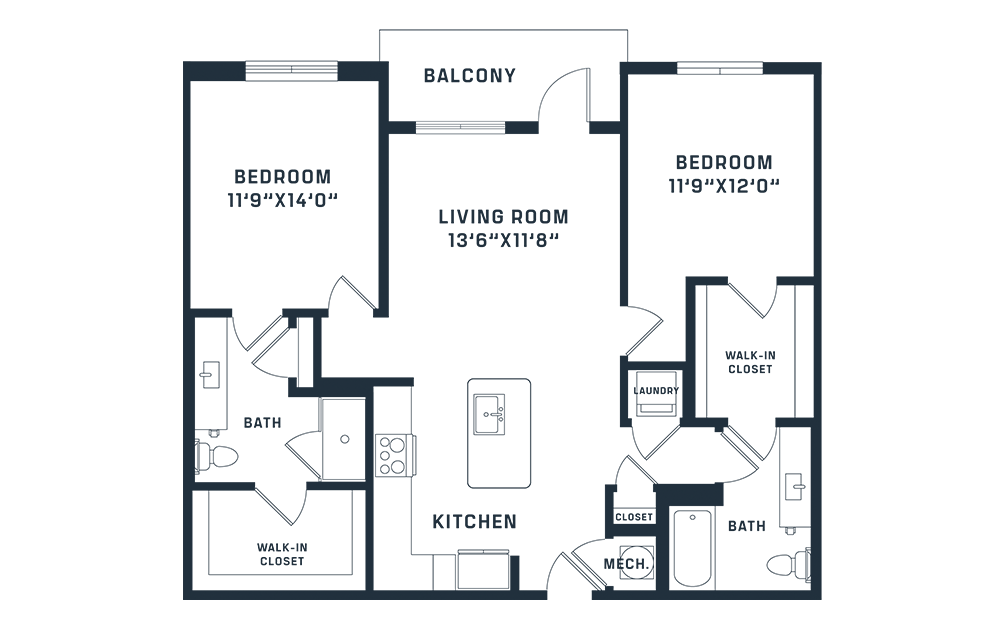 B1Alt - 2 bedroom floorplan layout with 2 bathrooms and 1100 square feet (2D)