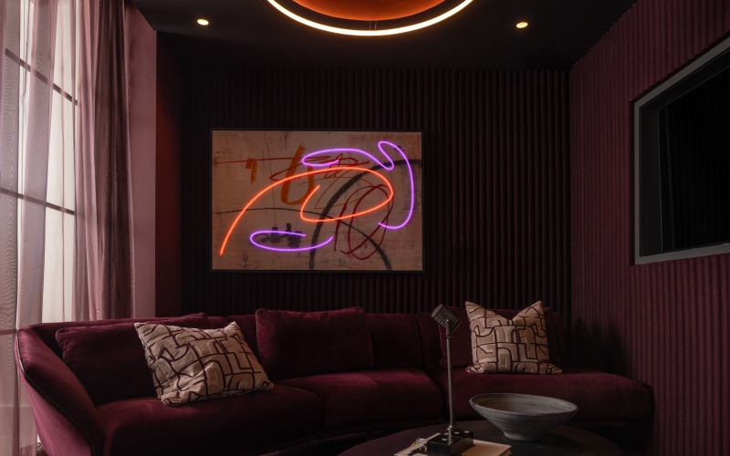 room with a microphone and seating 