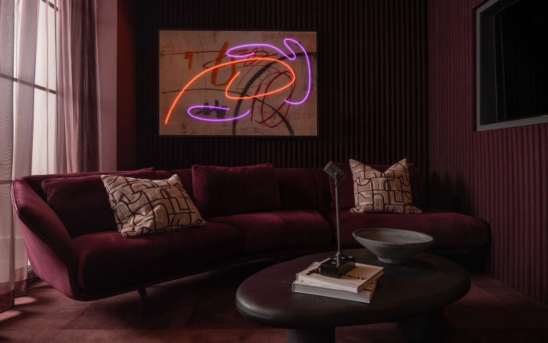 room with a microphone and seating