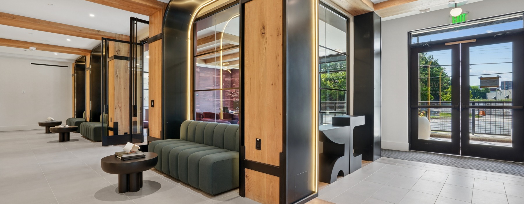 seating and doors to the outside 